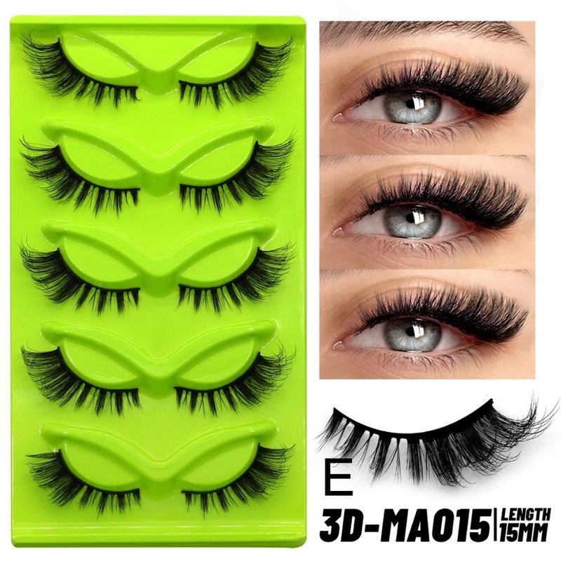 5 pairs of green fox-eye and cat-eye false eyelashes, thick, curled, and realistic fox-like lashes